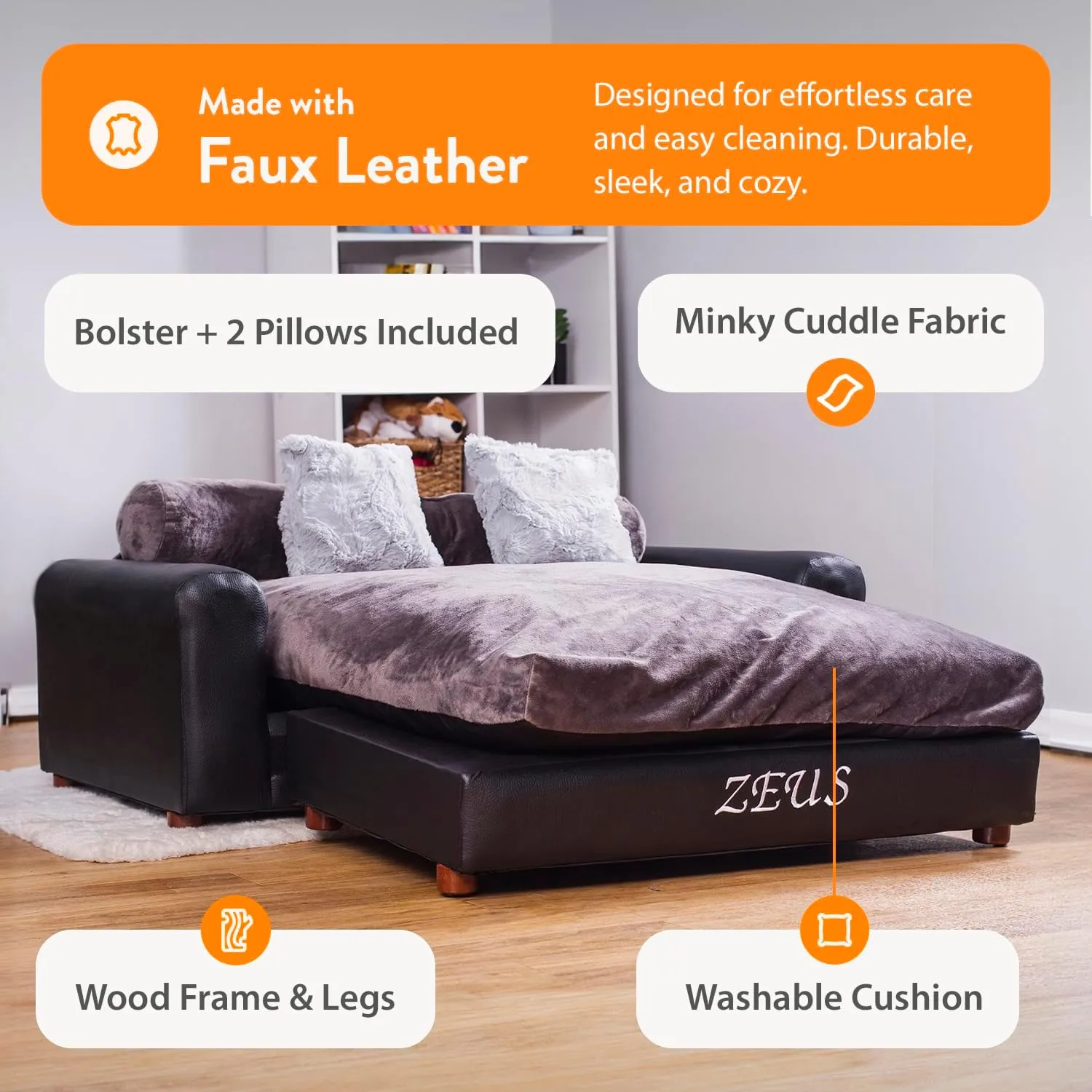 Moots Premium Leatherette Pets Sofa, Charcoal, Extra Large, Customizable