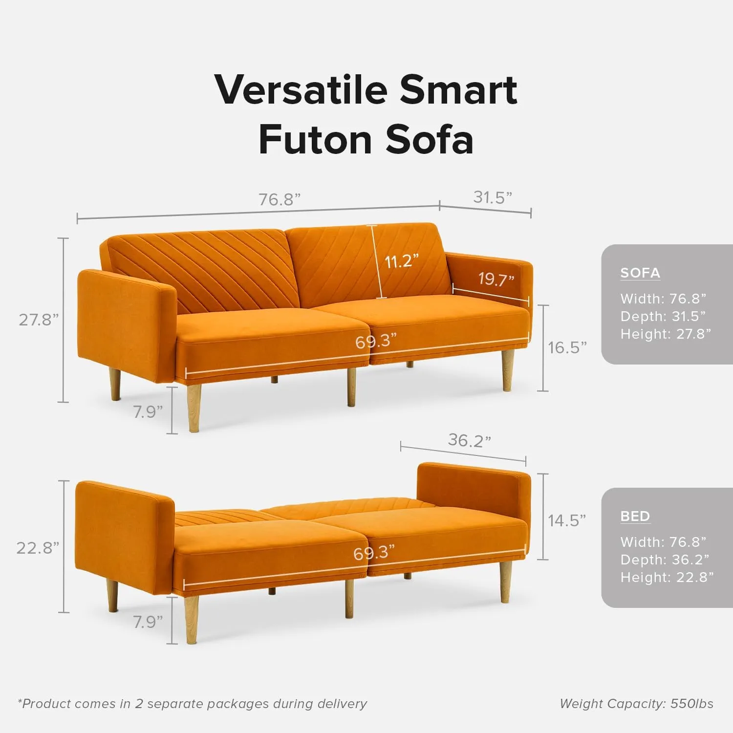 mopio 76.8" Futon Sofa Bed, Small Couch, Sleeper, Loveseat, Mid Century Modern Futon Couch, Sofa Cama, Couches for Living Room (Apricot Velvet)