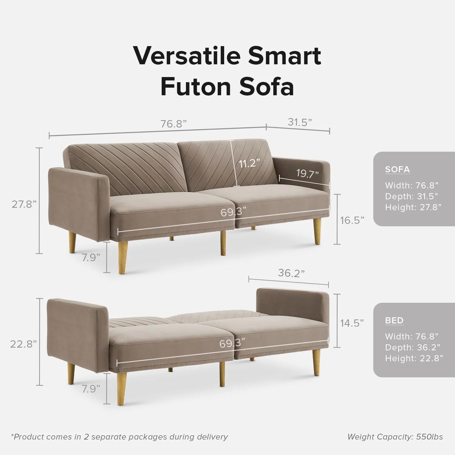mopio 76.8" Futon Sofa Bed, Small Couch, Sleeper, Loveseat, Mid Century Modern Futon Couch, Sofa Cama, Couches for Living Room (Mocha Brown Premium Velvet)