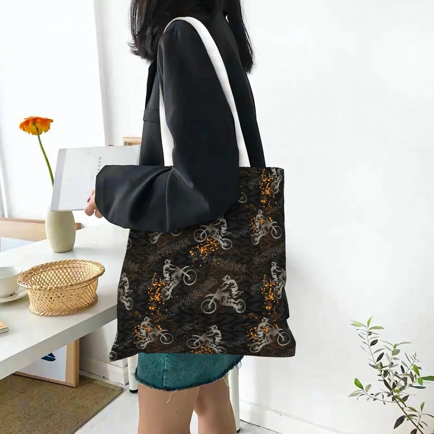Motorcycle Motocross Dirt Bikes Tote Bag Reusable Shoulder Tote Bag For Women Lady Vacation, Shopping, Work
