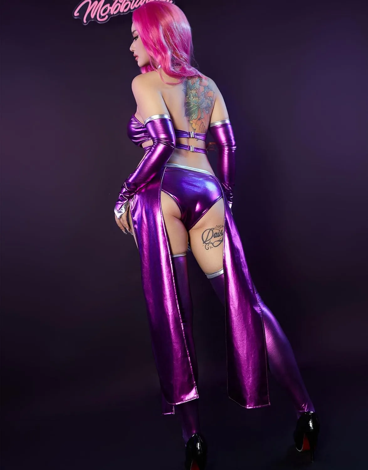 Movie Cosplay Costume for Women Purple Bodycon Outfit Halter Cutout Bodysuit with Gloves Stockings