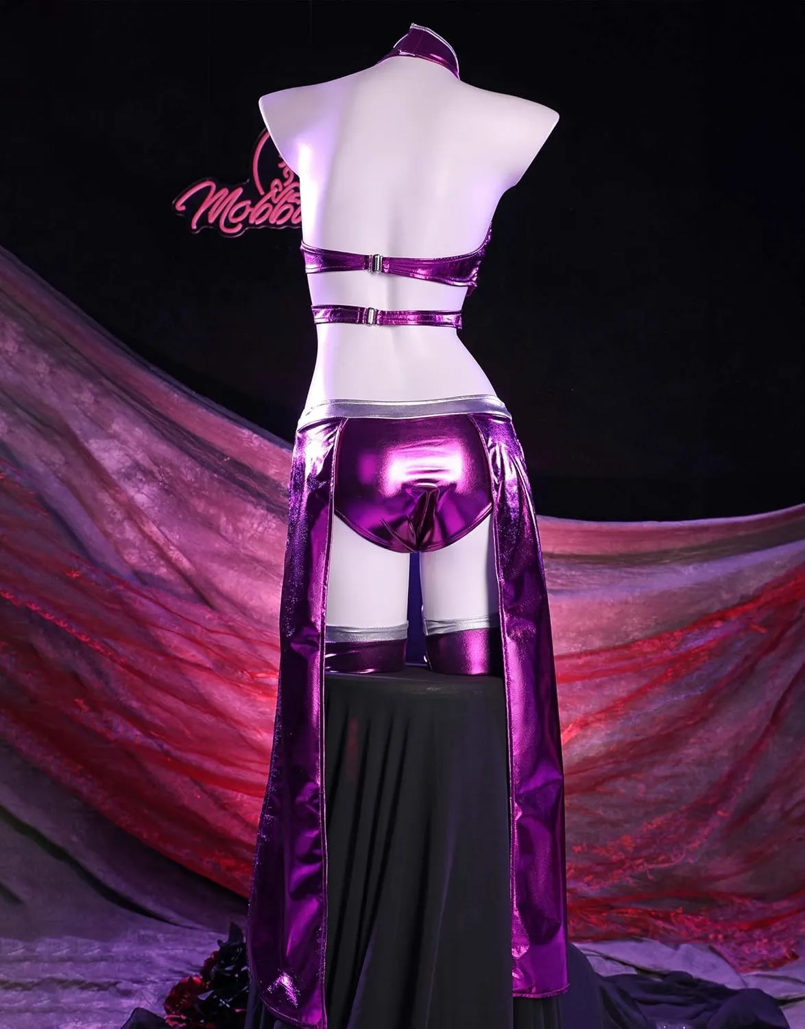 Movie Cosplay Costume for Women Purple Bodycon Outfit Halter Cutout Bodysuit with Gloves Stockings