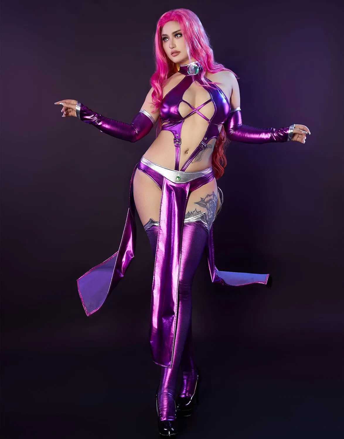Movie Cosplay Costume for Women Purple Bodycon Outfit Halter Cutout Bodysuit with Gloves Stockings