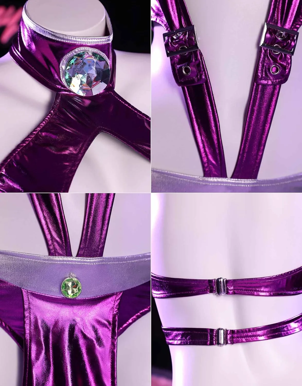 Movie Cosplay Costume for Women Purple Bodycon Outfit Halter Cutout Bodysuit with Gloves Stockings