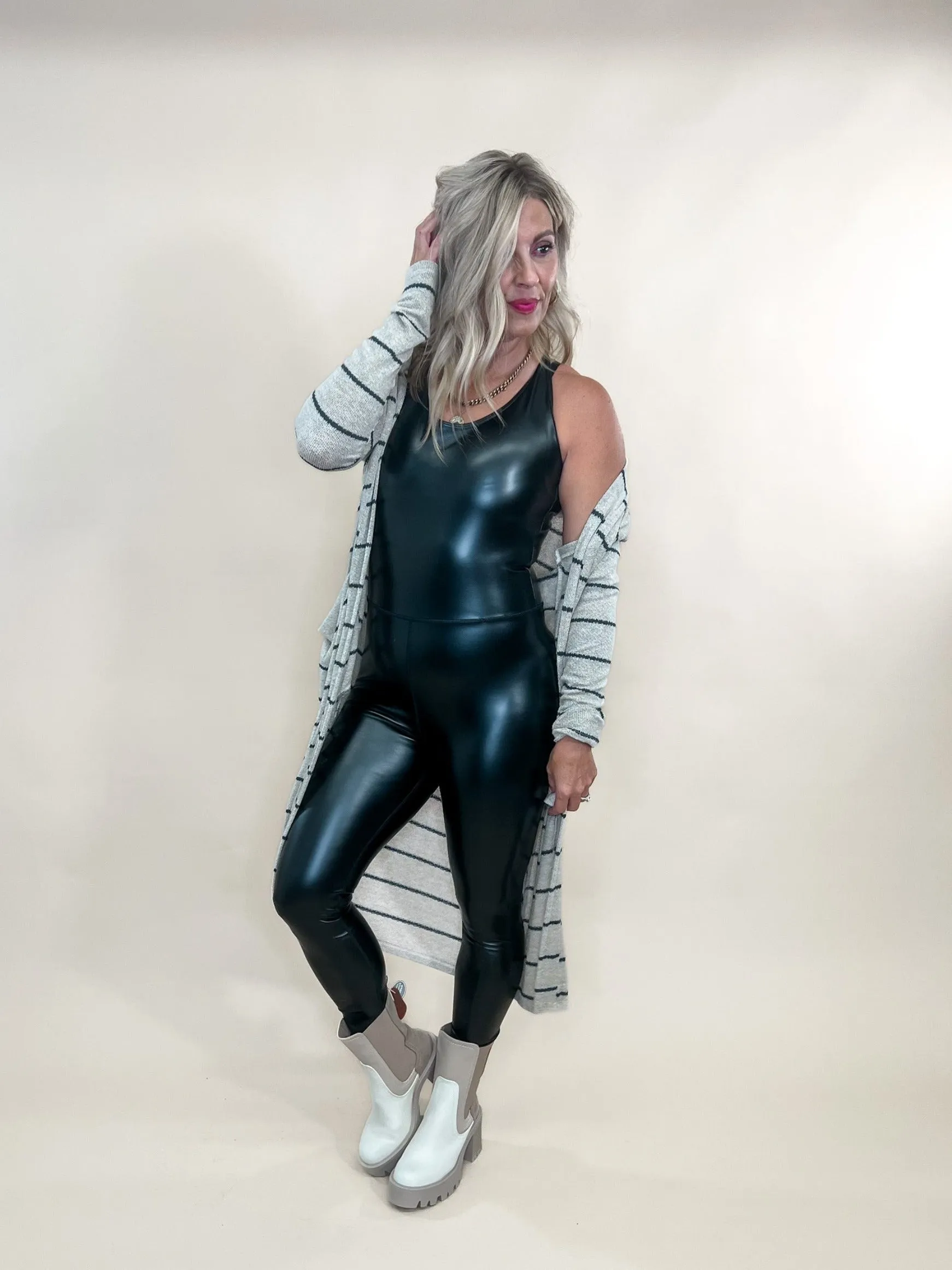 Ms Jackson Faux Leather Cat Suit, Black