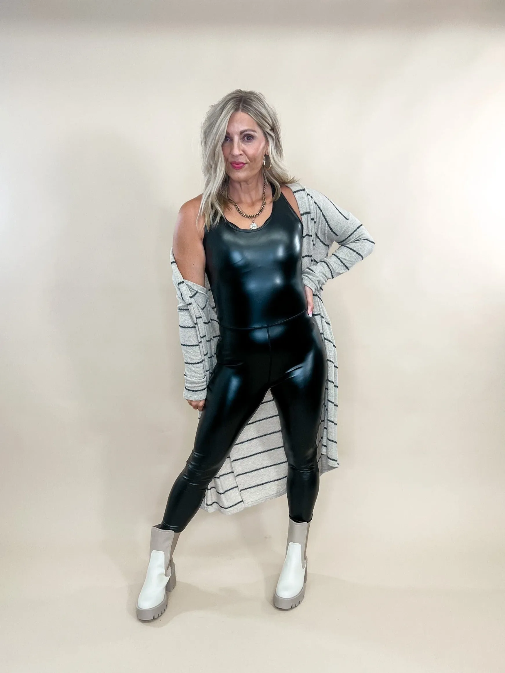 Ms Jackson Faux Leather Cat Suit, Black
