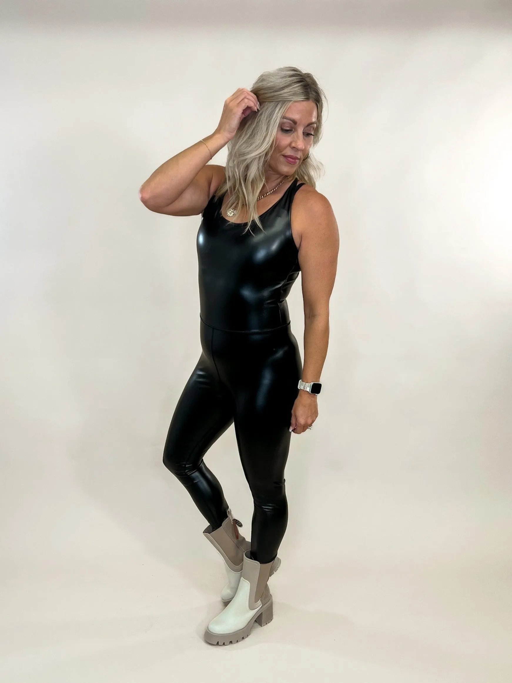 Ms Jackson Faux Leather Cat Suit, Black