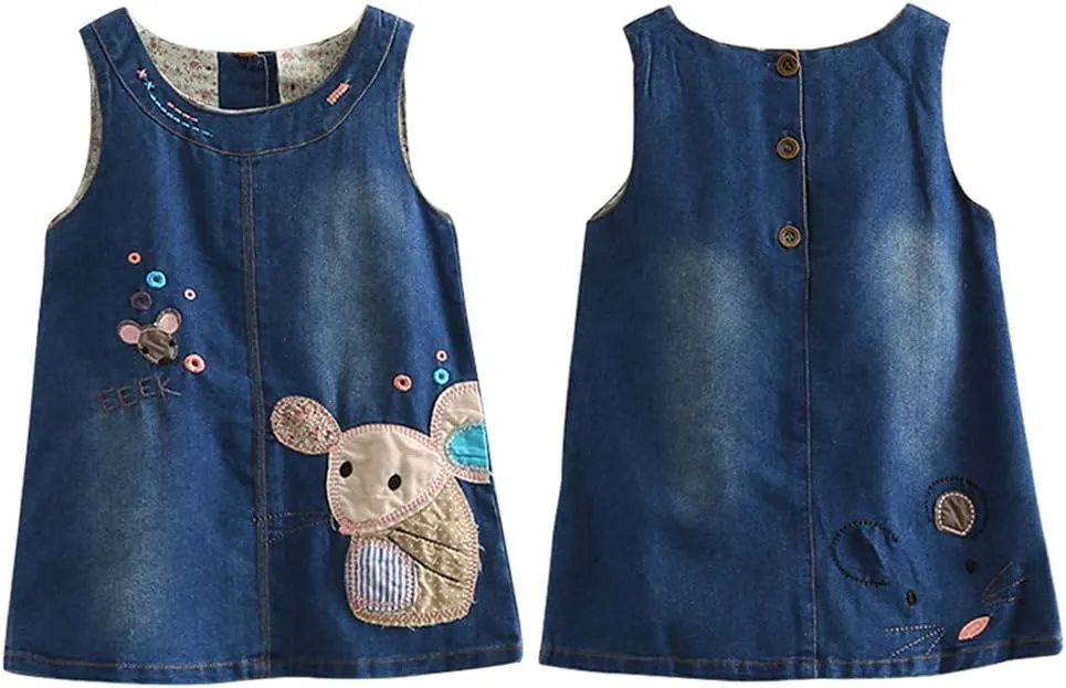 Mud Kingdom Little Girl Denim Sundress Cute Embroidered Patterns Jumper Sleeveless Casual Dress