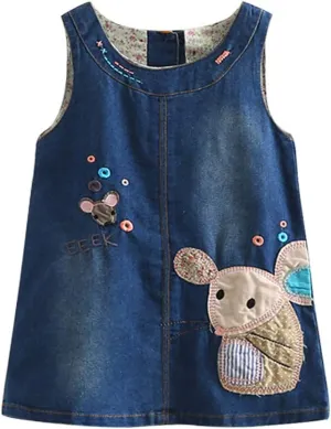 Mud Kingdom Little Girl Denim Sundress Cute Embroidered Patterns Jumper Sleeveless Casual Dress