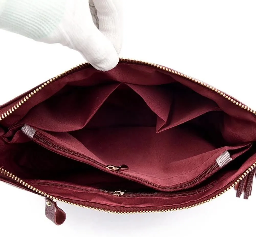 Mudono Crossbody Bag for Women Leather Shoulder Bag Tassel Satchel Retro Handbag Lightweight Purse