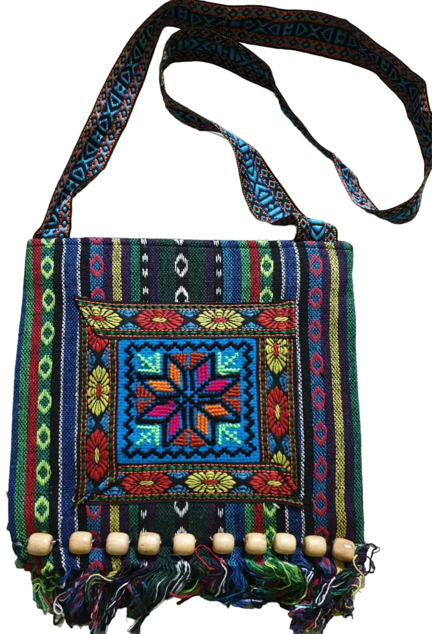 Multi Colors Embroidered Crossbody Hippie Fabric Handbag For Casual Everyday Wear, Hobo Style Crossbody Bag for Women, Ethnic Woven Shoulder Bag, Tribal Flower Purse Slouch Bag