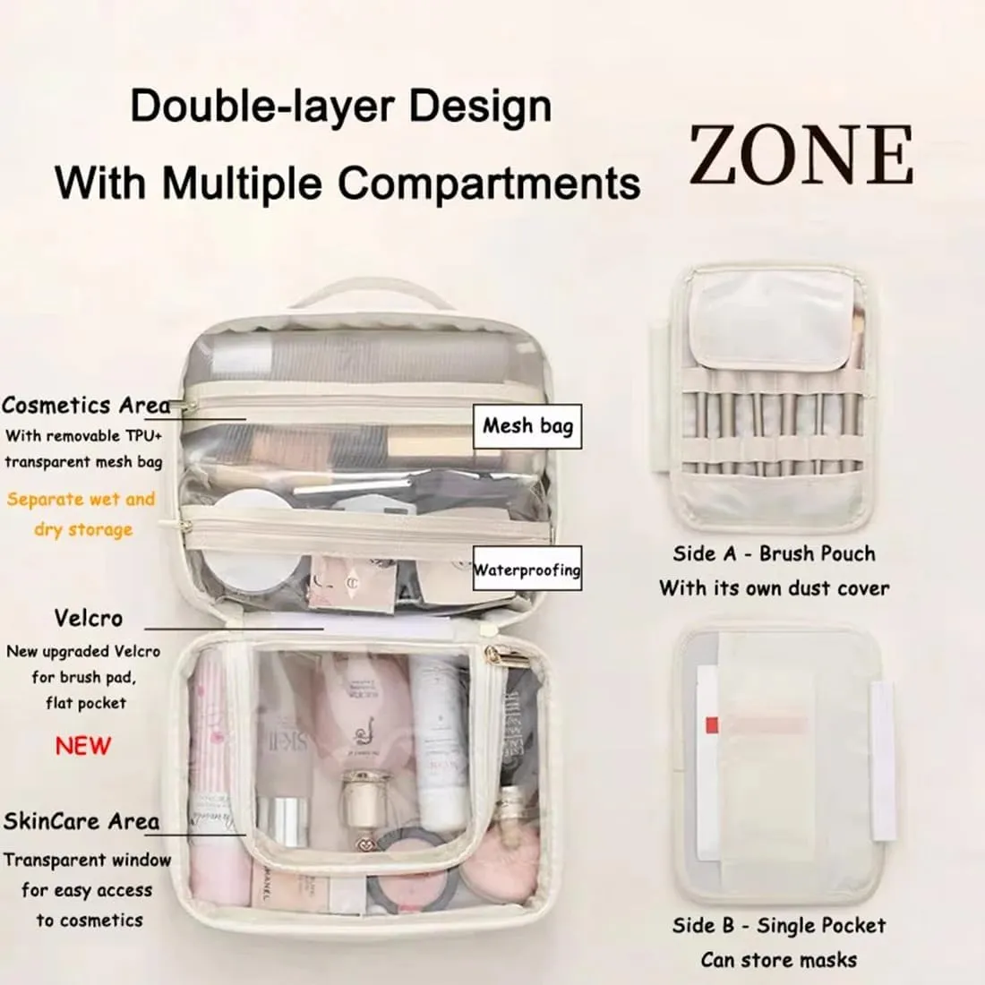 Multi Compartment Toiletry Cosmetic Bag, Super Large Capacity Multi Compartment Toiletry Bag, Multi-Compartment Toiletry Cosmetics Bag With Interlayer, Handle, Waterproof Pu Leather (2Pcs-A)