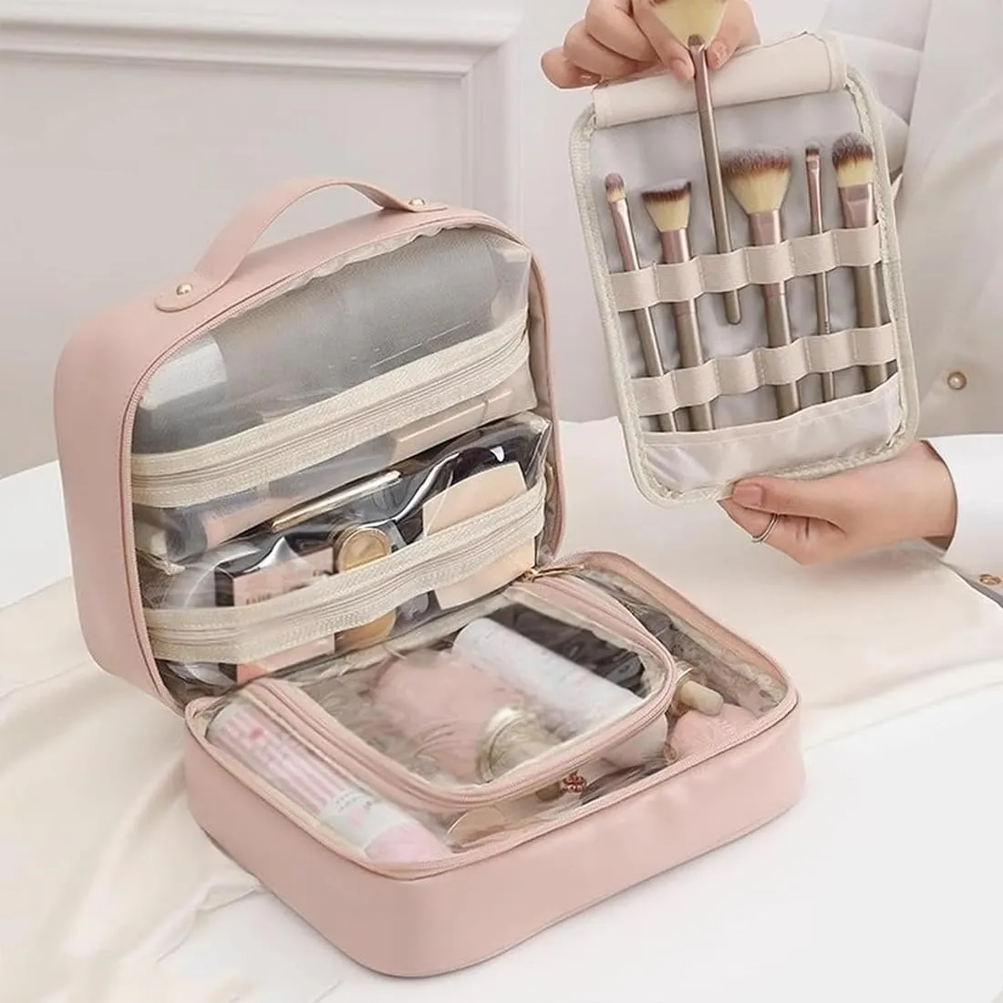Multi Compartment Toiletry Cosmetic Bag, Super Large Capacity Multi Compartment Toiletry Bag, Multi-Compartment Toiletry Cosmetics Bag With Interlayer, Handle, Waterproof Pu Leather (2Pcs-A)
