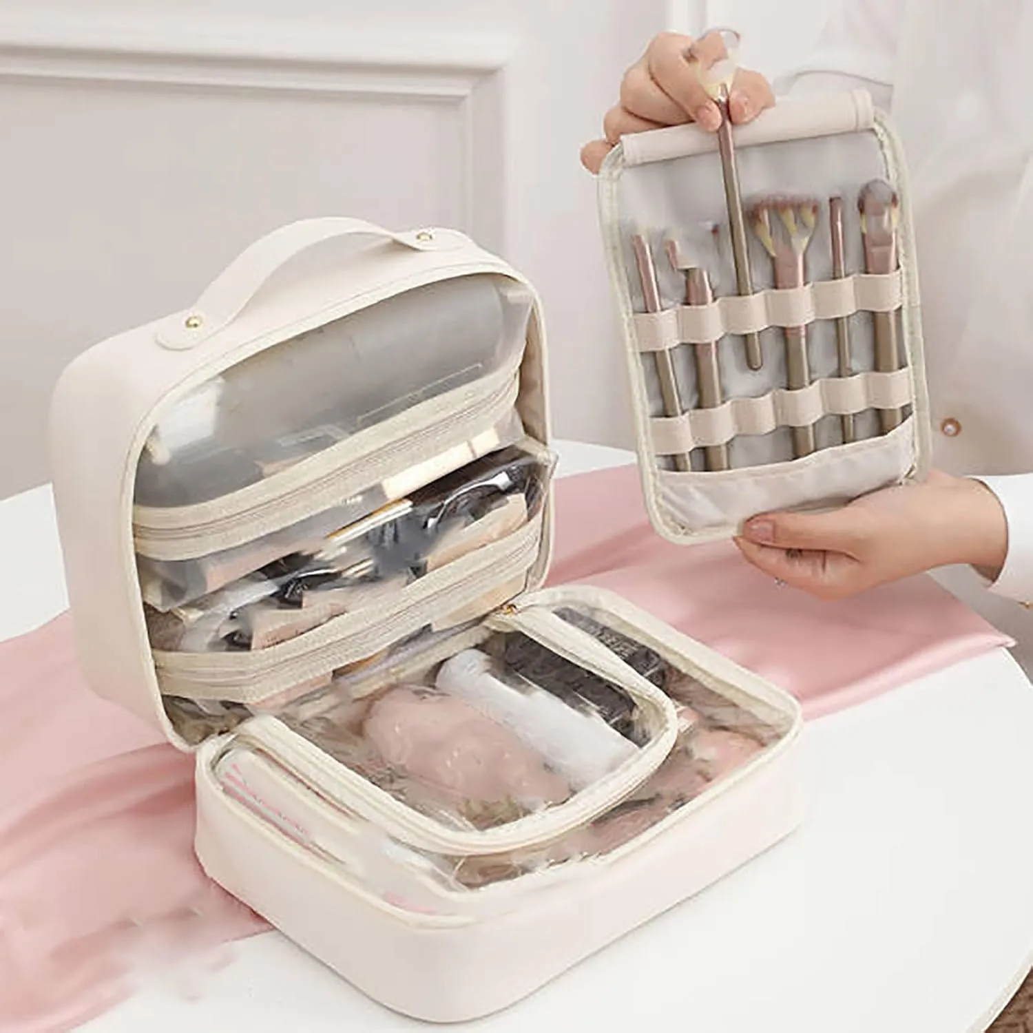 Multi Compartment Toiletry Cosmetics Bag, Set Patient Travel Toiletry Bag, Large Capacity Travel Toiletry Bag Waterproof Cosmetic Bag, For Women Girls Travel (Pink)