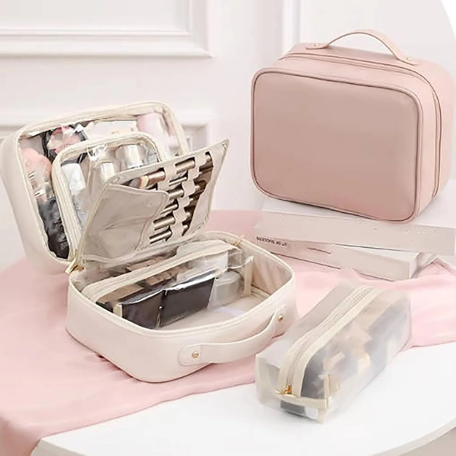 Multi Compartment Toiletry Cosmetics Bag, Set Patient Travel Toiletry Bag, Large Capacity Travel Toiletry Bag Waterproof Cosmetic Bag, For Women Girls Travel (Pink)