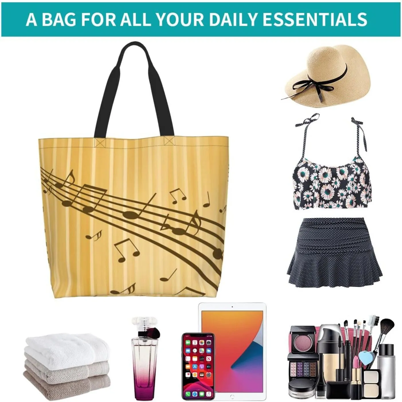 Music Notes Tote Bag Reusable Shopping Bag Grocery Bags Fashion Shoulder Bag for Women Men