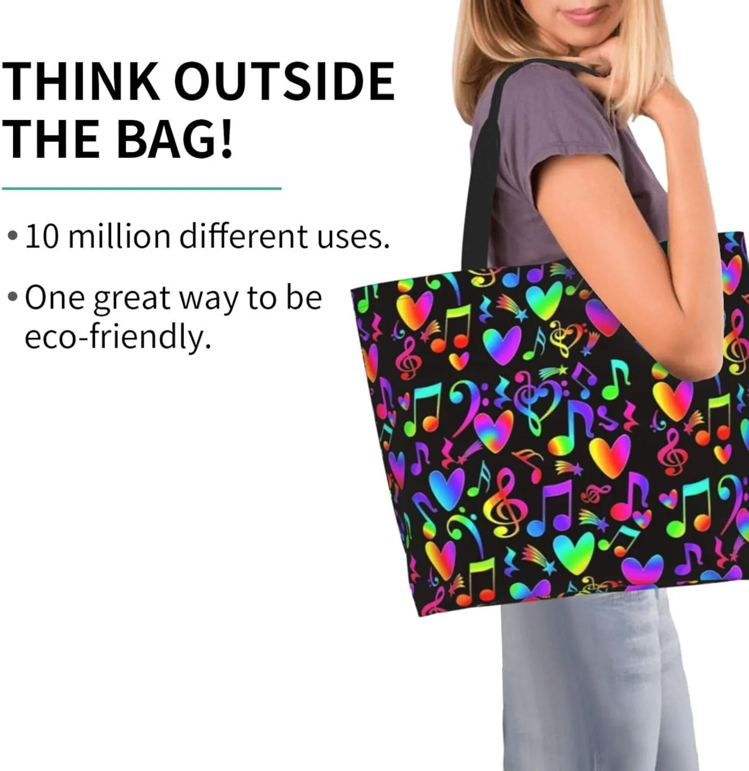 Music Notes Tote Bag Reusable Shopping Bag Grocery Bags Fashion Shoulder Bag for Women Men