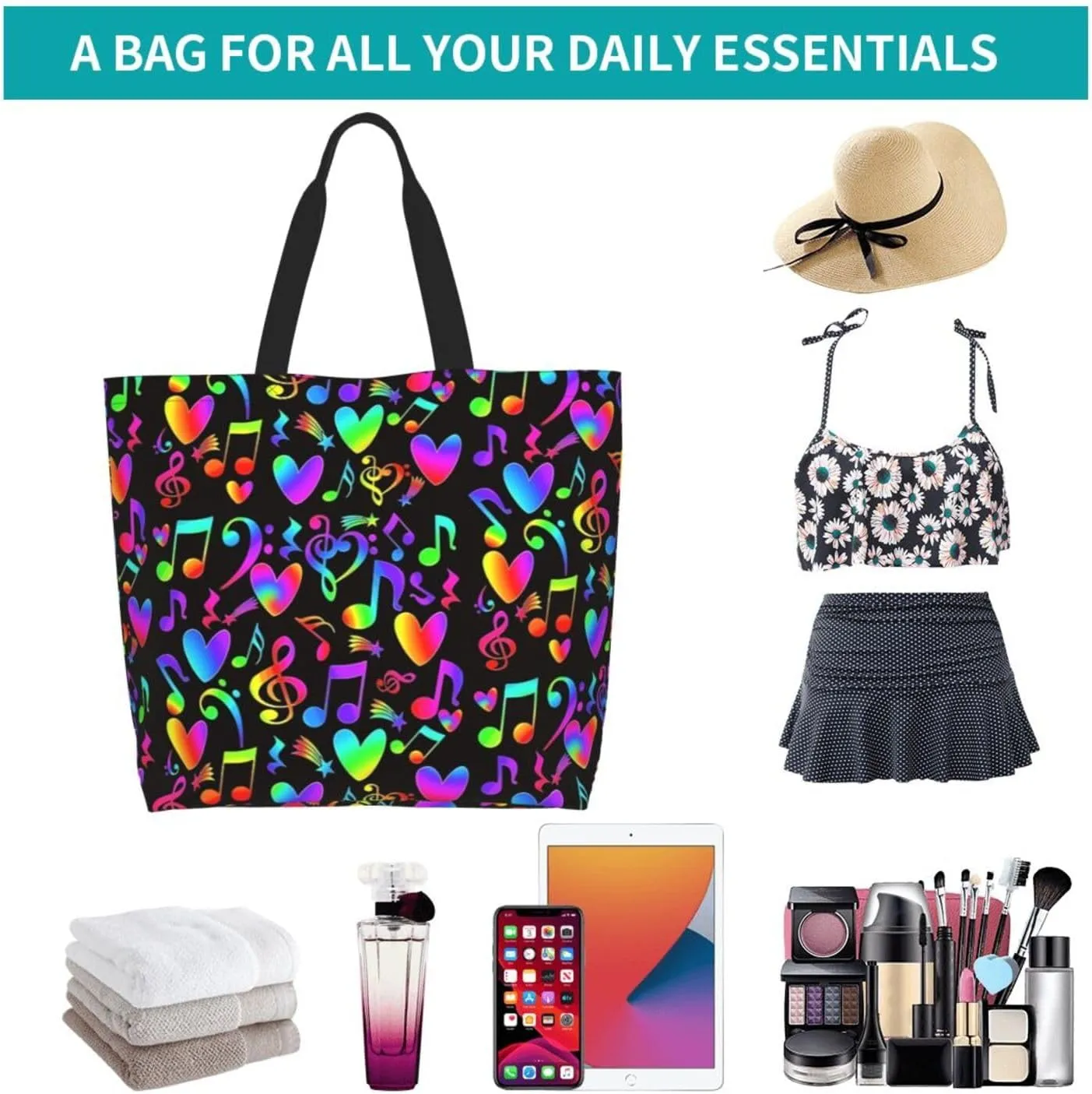 Music Notes Tote Bag Reusable Shopping Bag Grocery Bags Fashion Shoulder Bag for Women Men