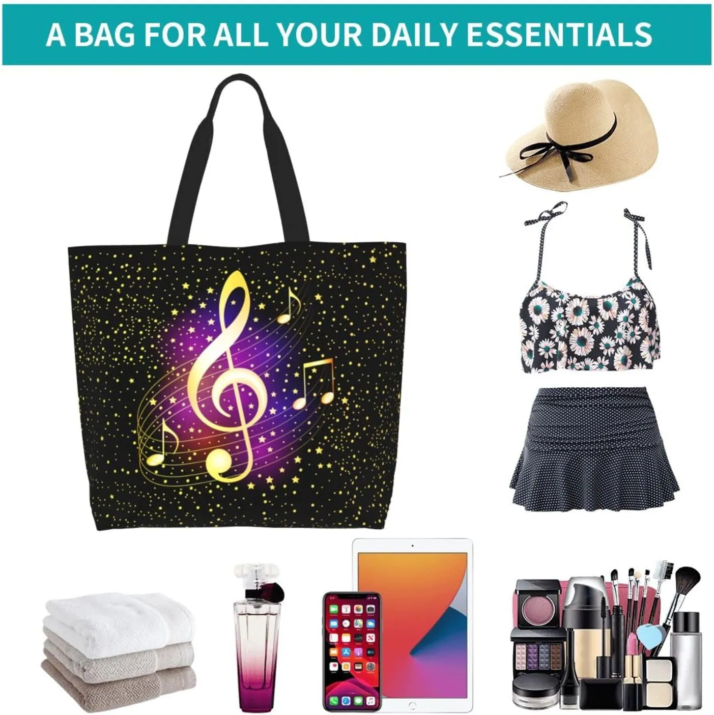 Music Notes Tote Bag Reusable Shopping Bag Grocery Bags Fashion Shoulder Bag for Women Men