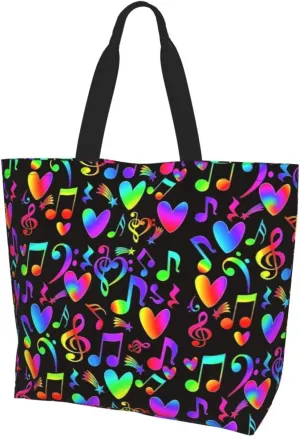 Music Notes Tote Bag Reusable Shopping Bag Grocery Bags Fashion Shoulder Bag for Women Men