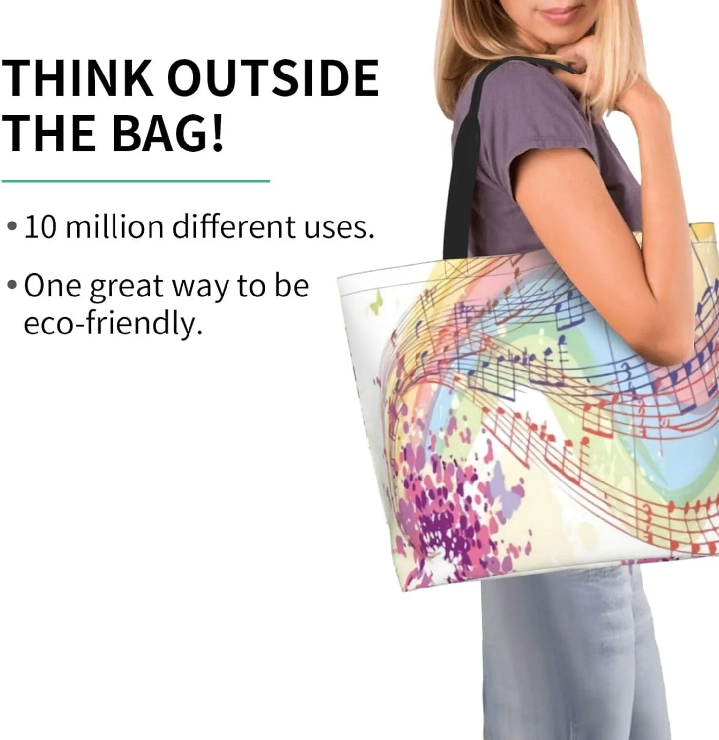 Music Notes Tote Bag Reusable Shopping Bag Grocery Bags Fashion Shoulder Bag for Women Men