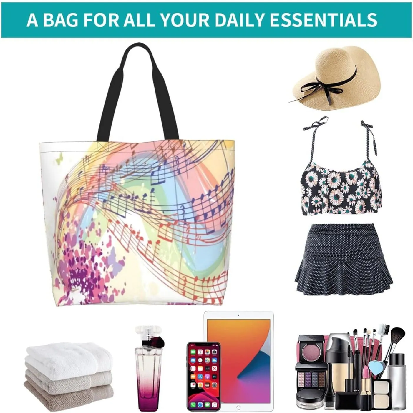 Music Notes Tote Bag Reusable Shopping Bag Grocery Bags Fashion Shoulder Bag for Women Men