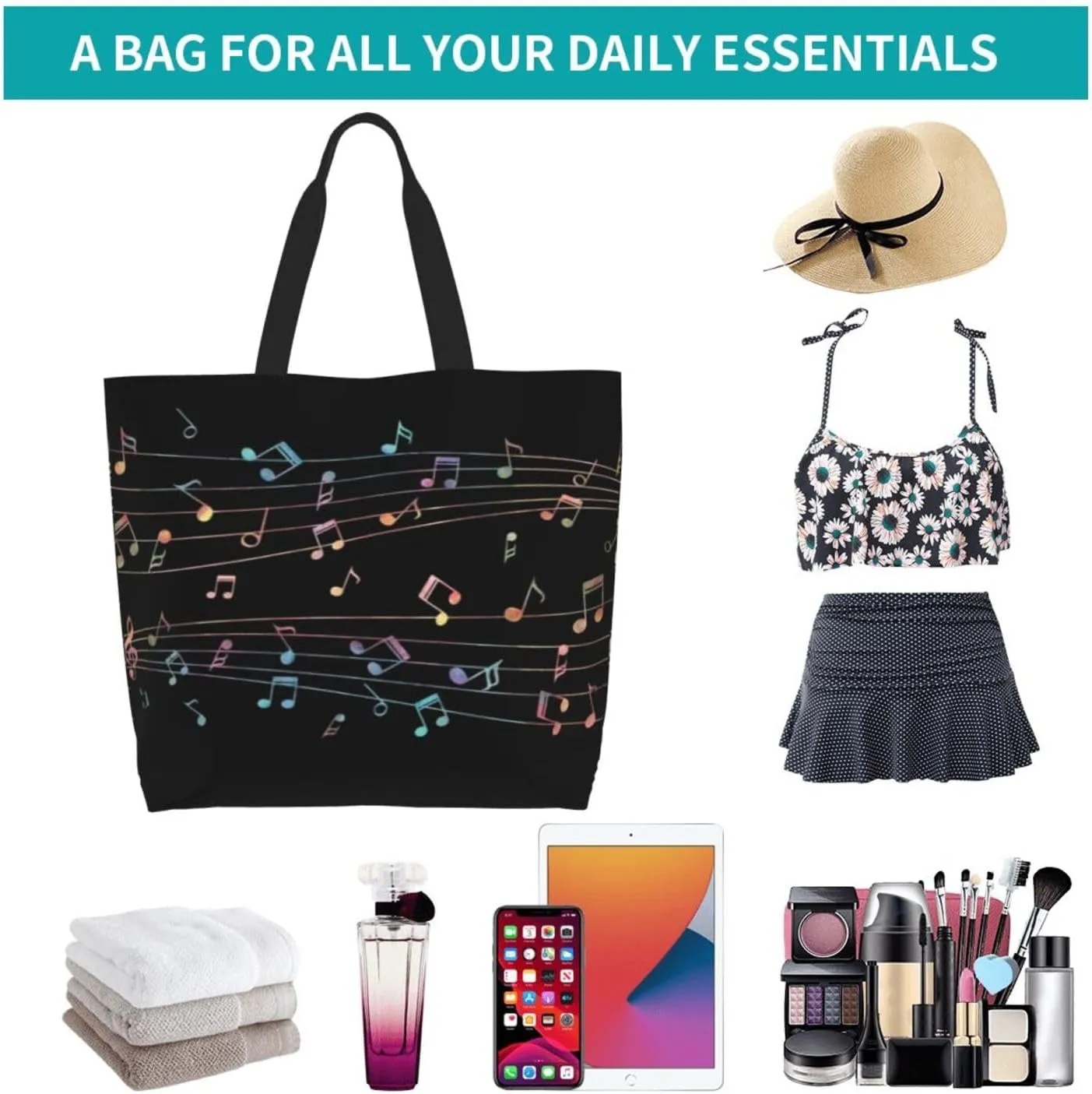 Music Notes Tote Bag Reusable Shopping Bag Grocery Bags Fashion Shoulder Bag for Women Men