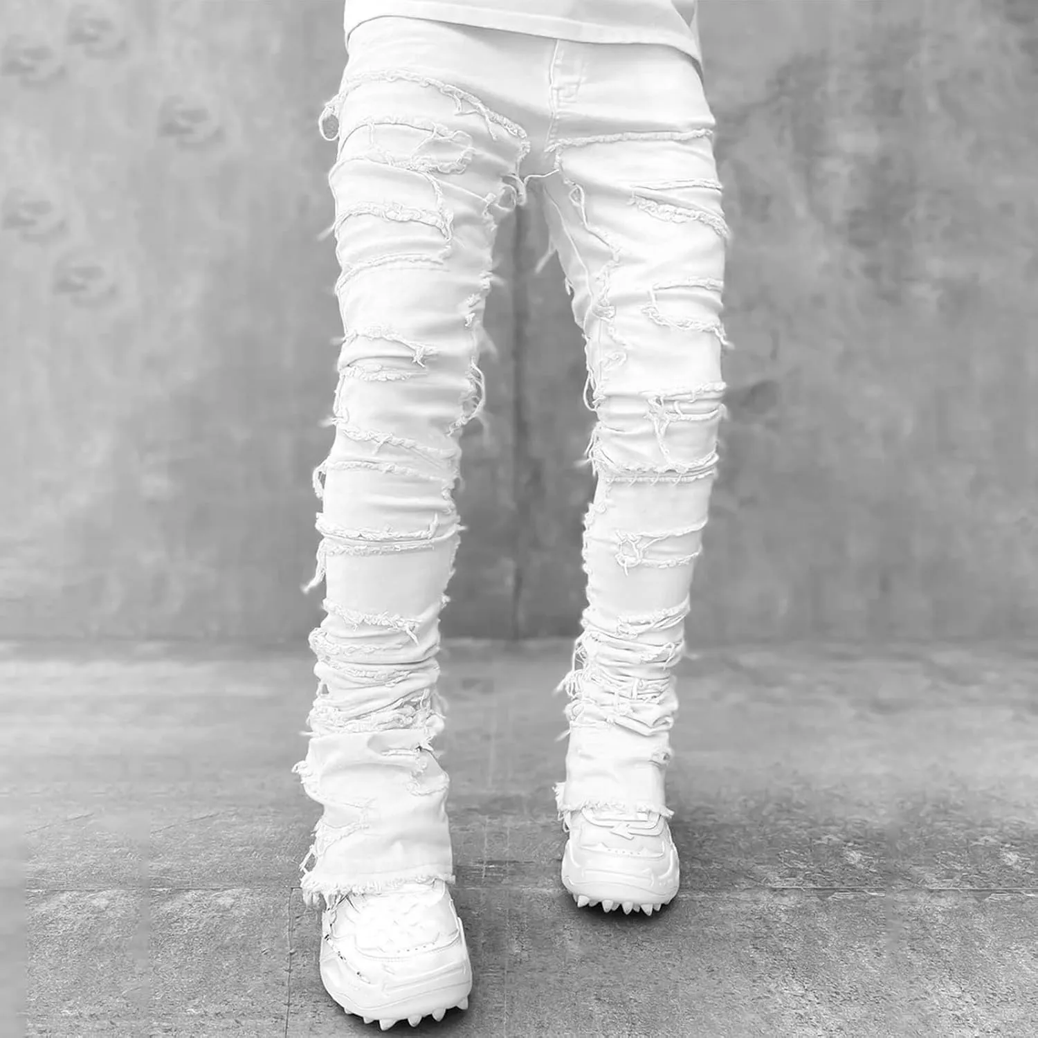 Mxiqqpltky Mens Stacked Jeans Slim Straight Black Ripped Jeans Skinny Distressed Denim Pants Destroyed Denim Jeans Streetwear