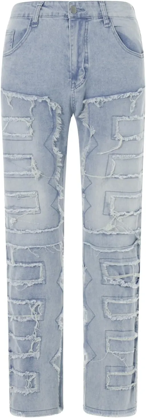 Mxiqqpltky Mens Stacked Jeans Slim Straight Black Ripped Jeans Skinny Distressed Denim Pants Destroyed Denim Jeans Streetwear