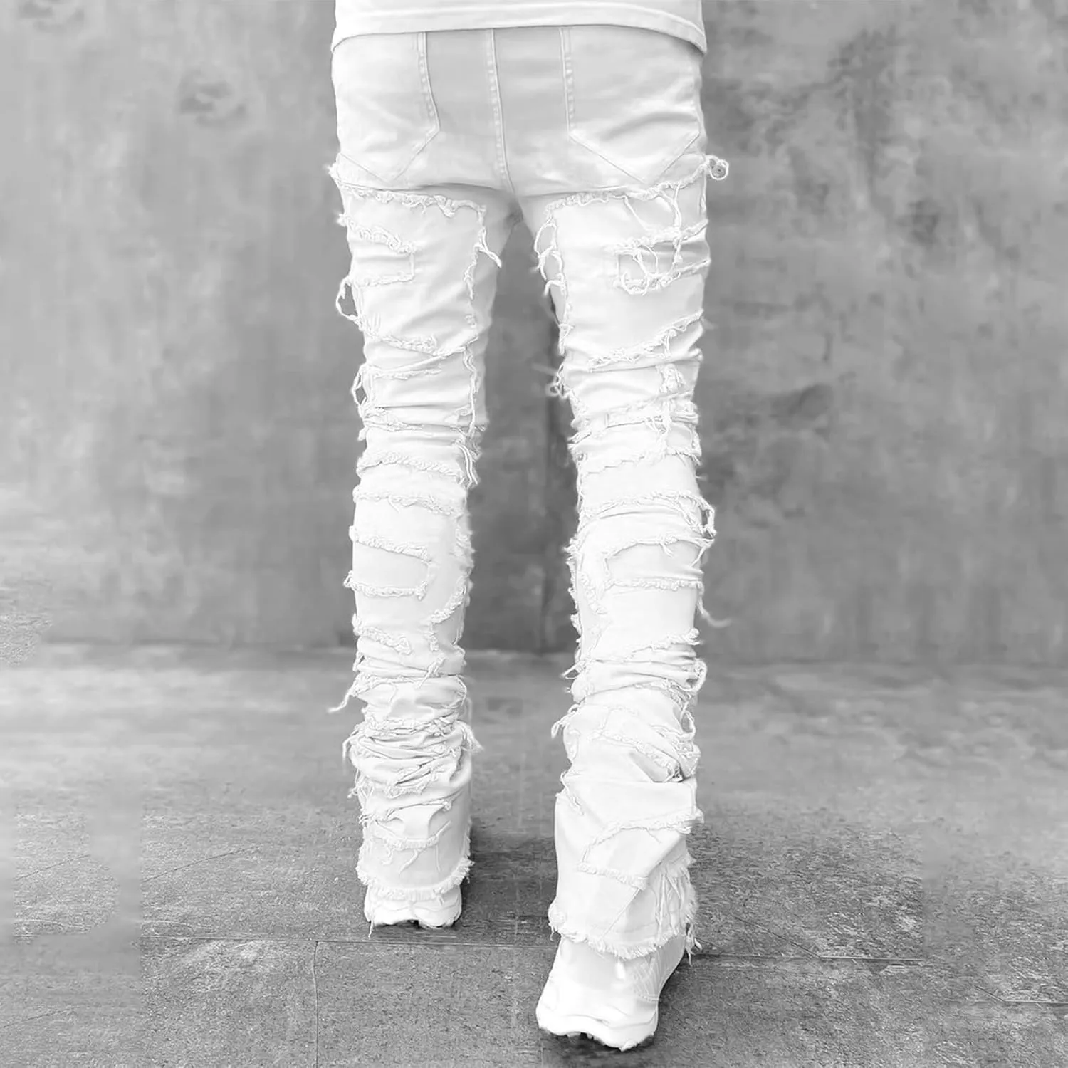 Mxiqqpltky Mens Stacked Jeans Slim Straight Black Ripped Jeans Skinny Distressed Denim Pants Destroyed Denim Jeans Streetwear