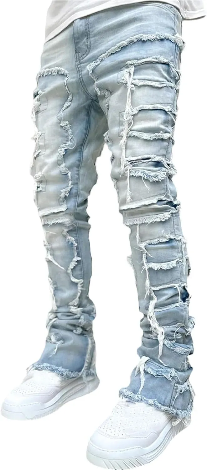 Mxiqqpltky Mens Stacked Jeans Slim Straight Black Ripped Jeans Skinny Distressed Denim Pants Destroyed Denim Jeans Streetwear