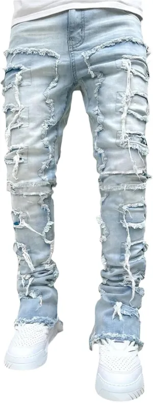 Mxiqqpltky Mens Stacked Jeans Slim Straight Black Ripped Jeans Skinny Distressed Denim Pants Destroyed Denim Jeans Streetwear