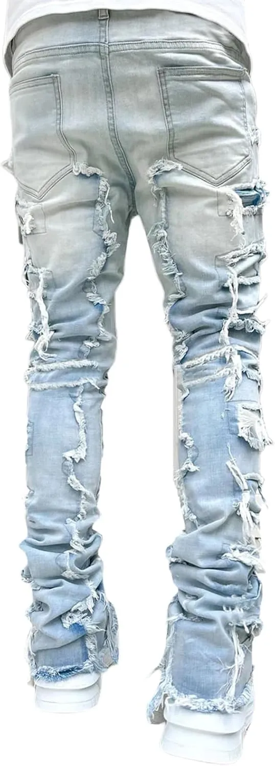 Mxiqqpltky Mens Stacked Jeans Slim Straight Black Ripped Jeans Skinny Distressed Denim Pants Destroyed Denim Jeans Streetwear