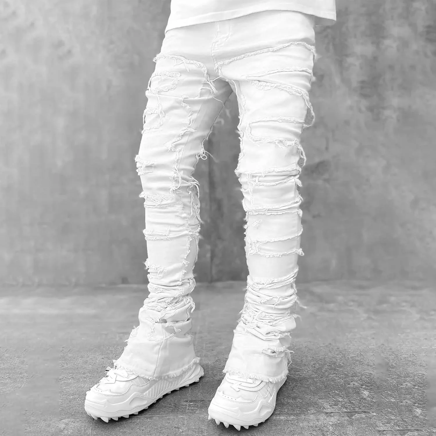 Mxiqqpltky Mens Stacked Jeans Slim Straight Black Ripped Jeans Skinny Distressed Denim Pants Destroyed Denim Jeans Streetwear