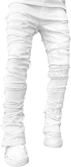 Mxiqqpltky Mens Stacked Jeans Slim Straight Black Ripped Jeans Skinny Distressed Denim Pants Destroyed Denim Jeans Streetwear