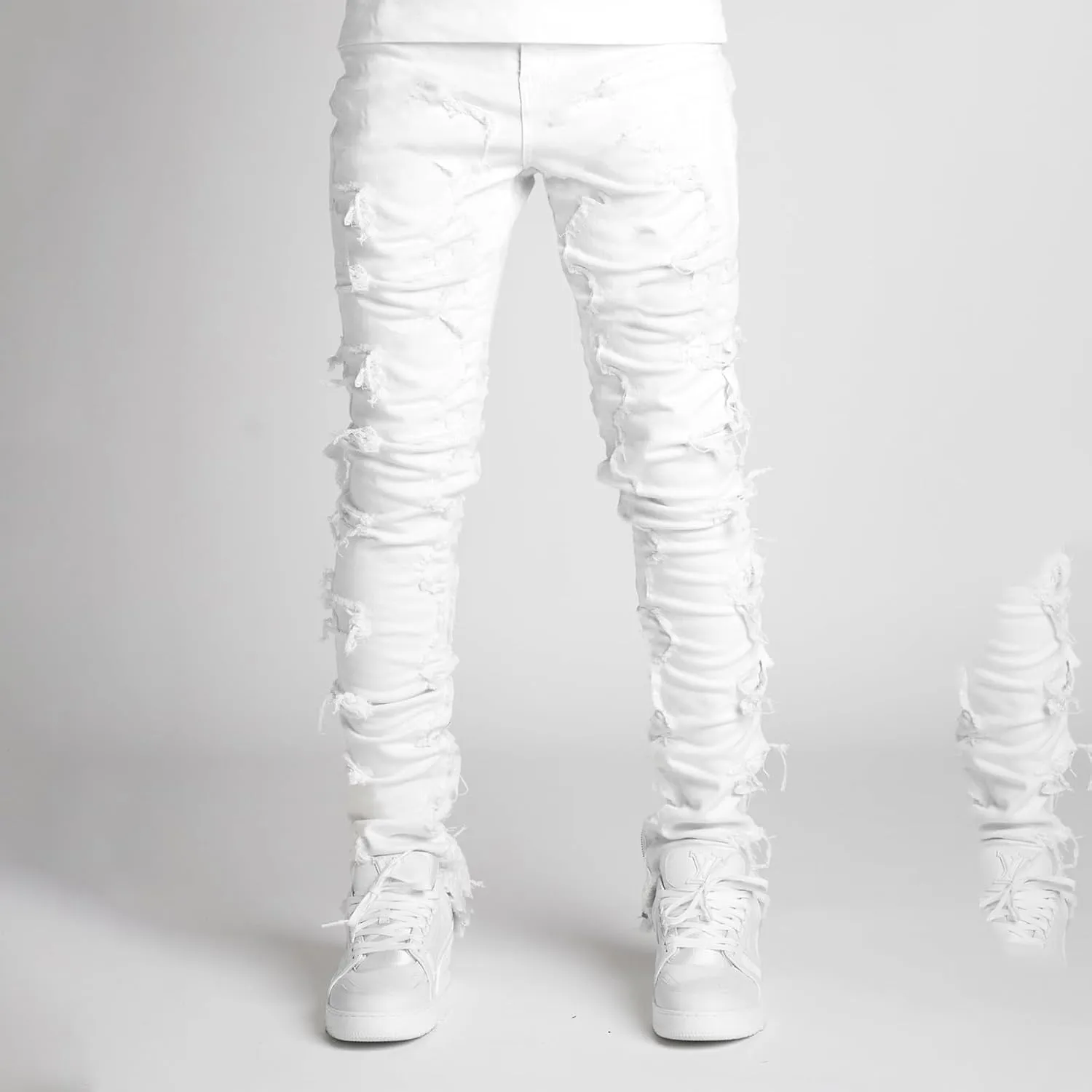Mxiqqpltky Mens Stacked Jeans Slim Straight Black Ripped Jeans Skinny Distressed Denim Pants Destroyed Denim Jeans Streetwear