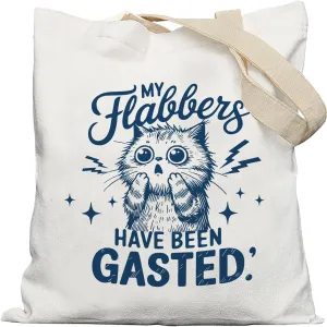 My Flabbers Have Been Gasted Funny Cat Tote Bag, Cat Mom Lady Lovers Gifts Canvas Tote Bags for Women, Trendy Retro Blue Kitten Reusable Grocery Shopping Bags