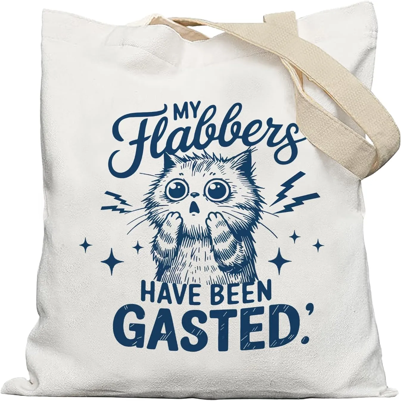 My Flabbers Have Been Gasted Funny Cat Tote Bag, Cat Mom Lady Lovers Gifts Canvas Tote Bags for Women, Trendy Retro Blue Kitten Reusable Grocery Shopping Bags
