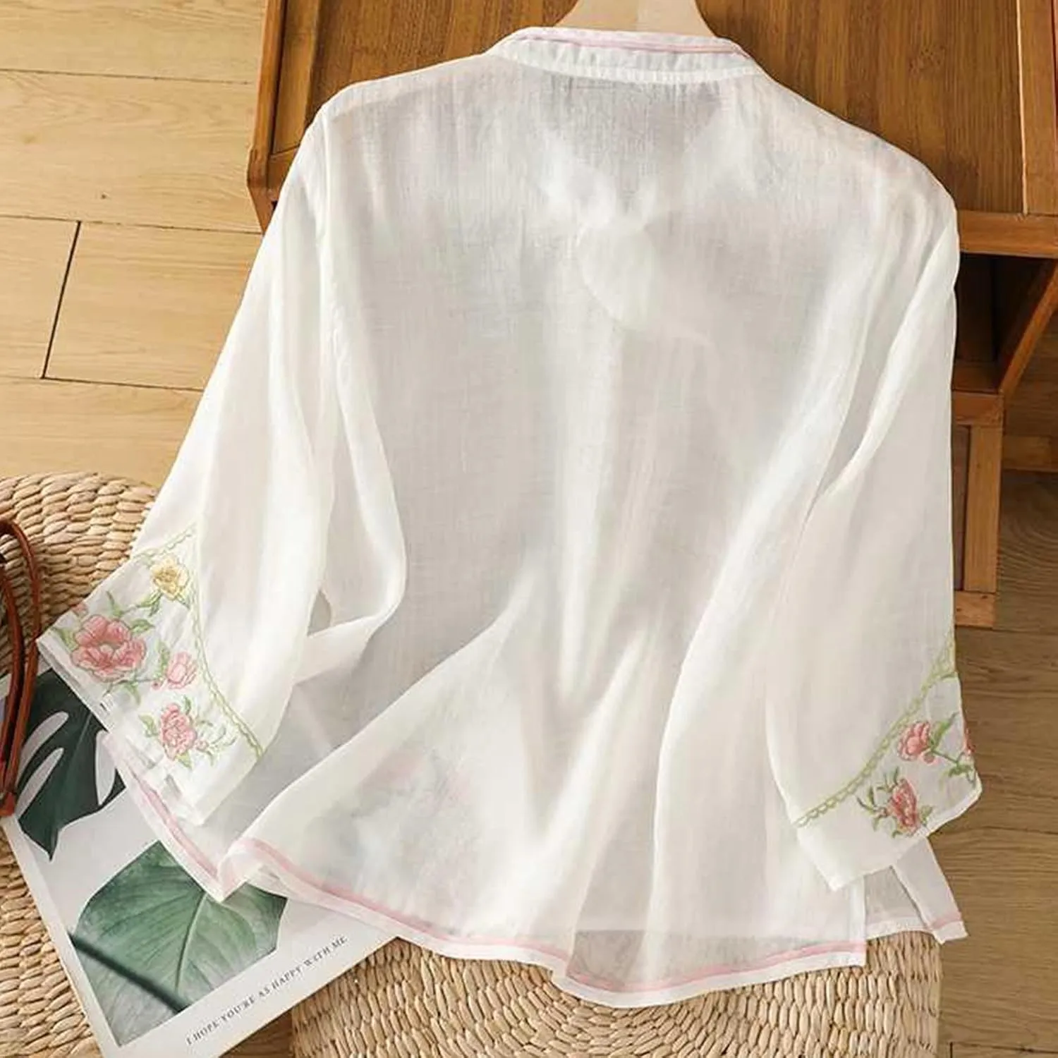 Mzkdieey Women's Cotton Linen Retro Chinese Frog Button Tops Traditional Mandarin Collar Shirts Floral Embroidered Blouse