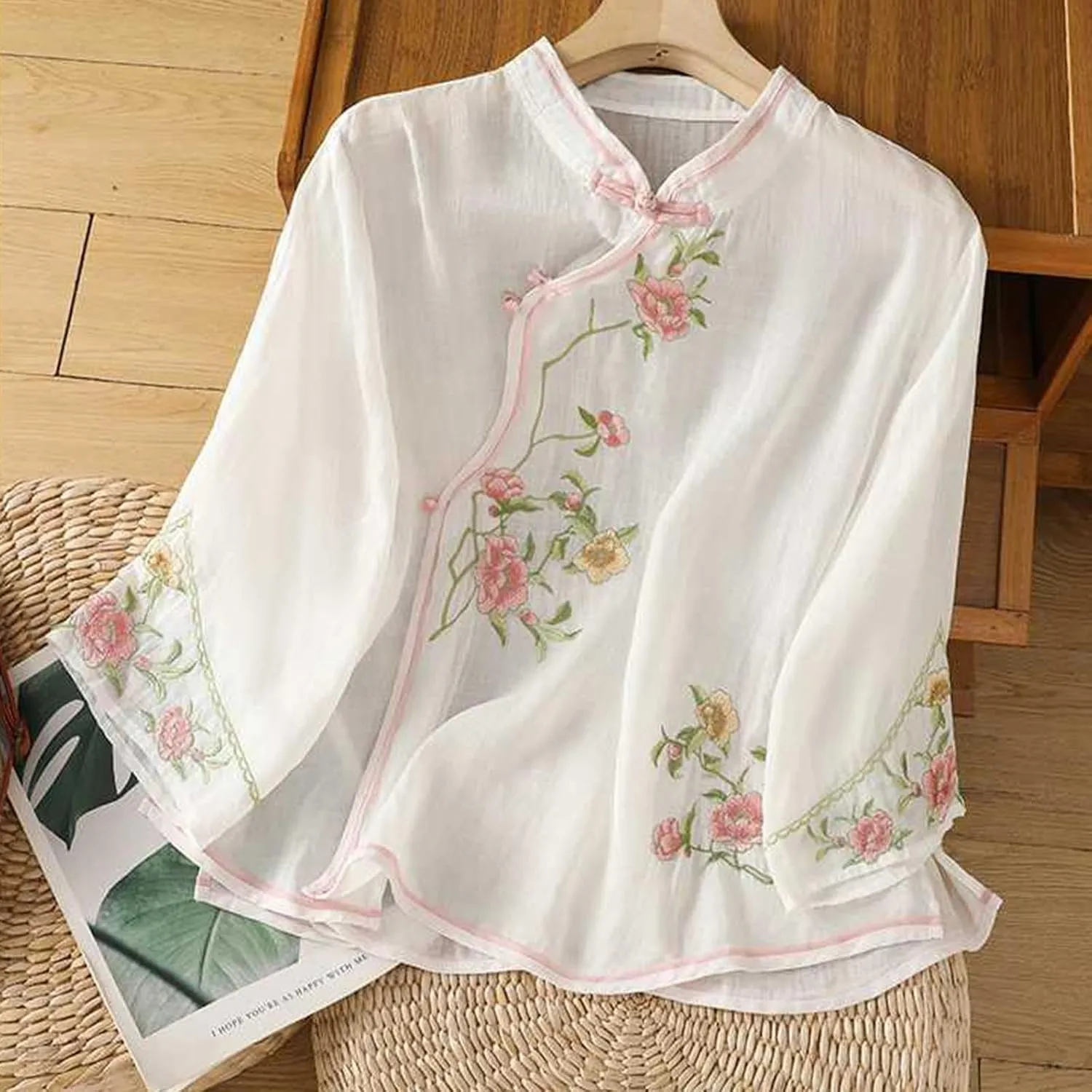 Mzkdieey Women's Cotton Linen Retro Chinese Frog Button Tops Traditional Mandarin Collar Shirts Floral Embroidered Blouse