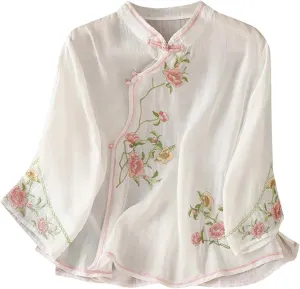 Mzkdieey Women's Cotton Linen Retro Chinese Frog Button Tops Traditional Mandarin Collar Shirts Floral Embroidered Blouse