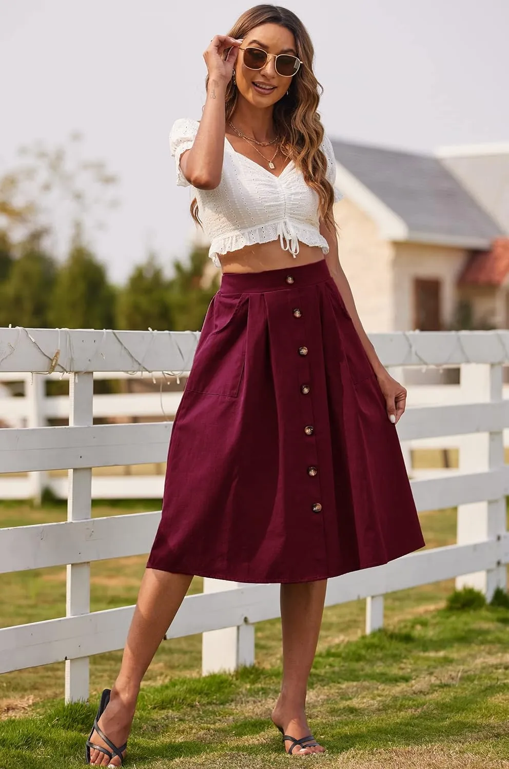 Naggoo Womens Summer Skirts Casual Front Button A-Line High Waisted Midi Skirt with Pockets