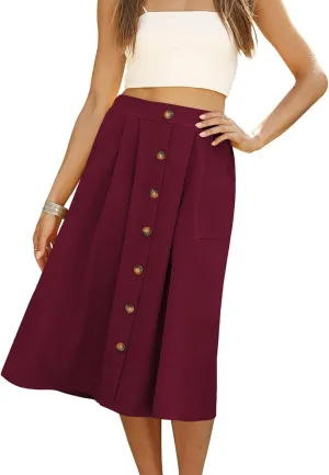 Naggoo Womens Summer Skirts Casual Front Button A-Line High Waisted Midi Skirt with Pockets