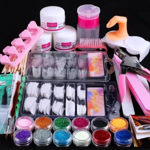 Nail Kit Set Professional Acrylic with Everything, 12 Glitter Acrylic Powder Kit Nails Art Tips Decoration, DIY Nail Art Tool and Supplies for Beginners