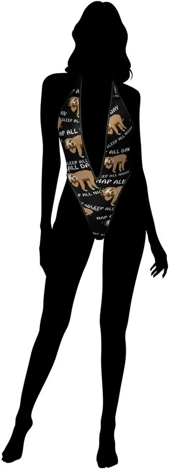 Nap All Day Sleep All Night Sloth Deep V Halter Lingerie Bodysuit Sexy Mesh Teddy Babydoll for Women 1 Piece