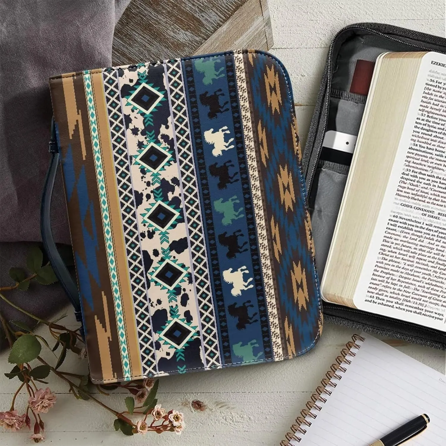 Native American PU Leather Bible Cover Case Large Bible Protector Case Handle Carrying Bible Tote Bag with Zippered and Inner Organizing Pockets Christian Gifts for Women Men
