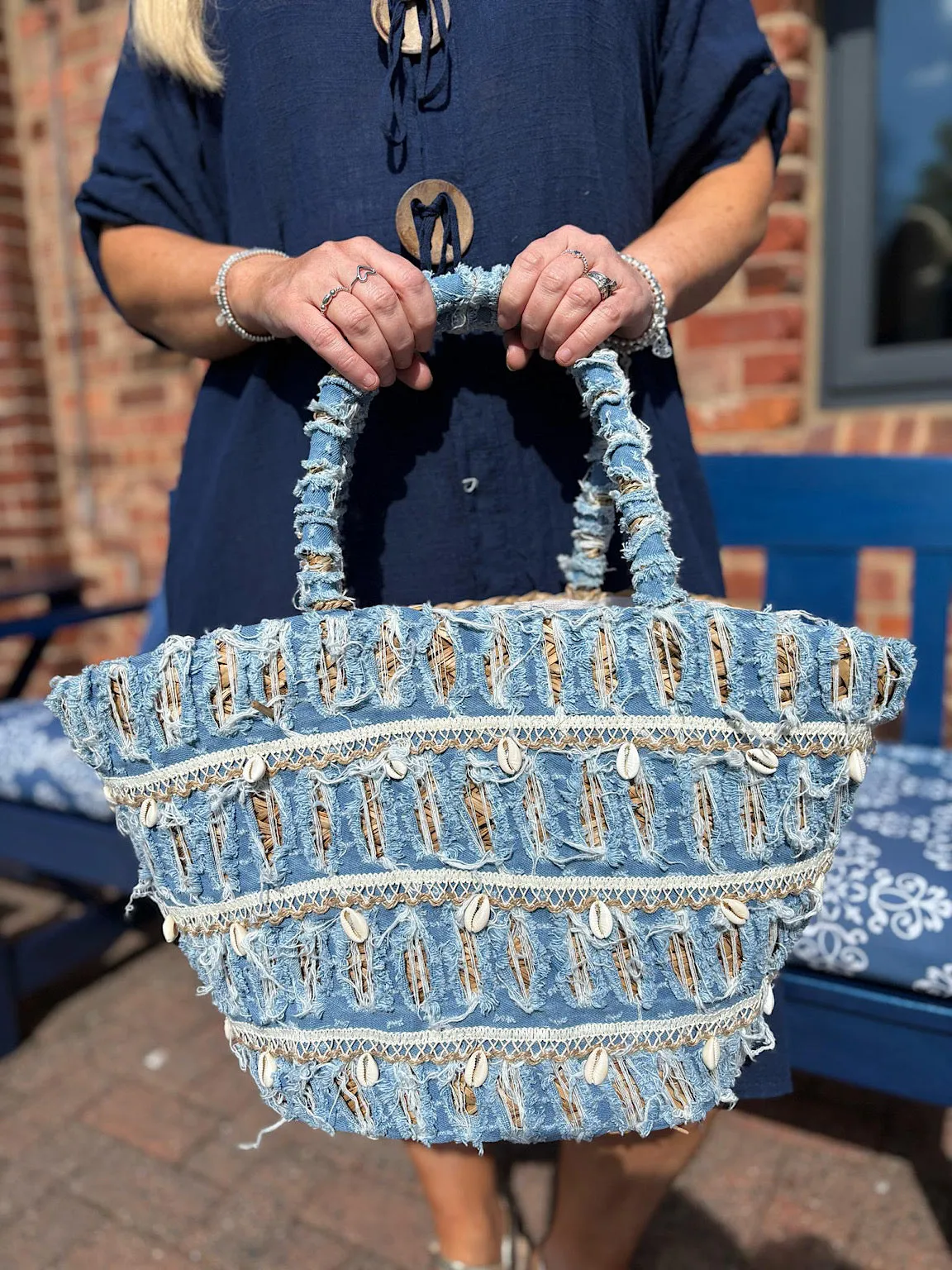Natural Luxury Distressed Denim Tote Bag