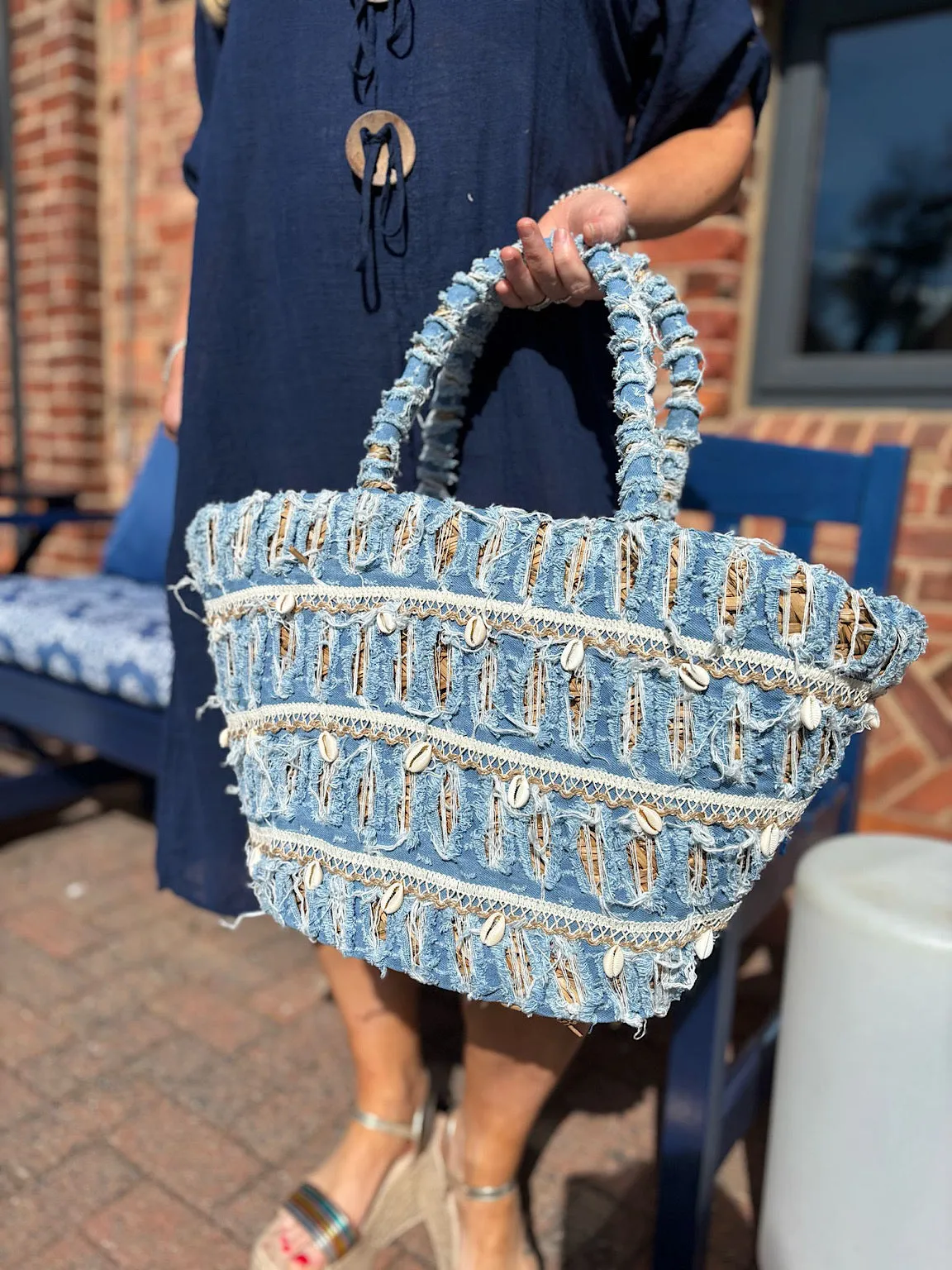 Natural Luxury Distressed Denim Tote Bag