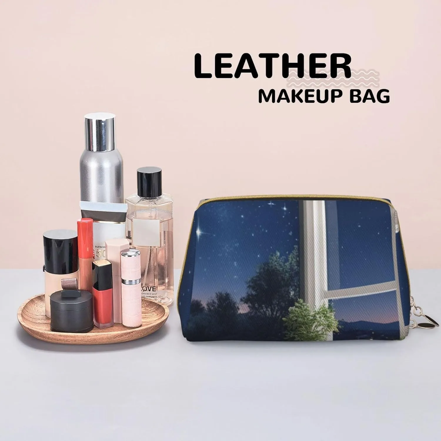 Navy Blue Sky and Stars Printed Small Makeup Bag,Travel Cosmetic Bag Purse with Zipper,Water-resistant Makeup Organizer Bag for Women