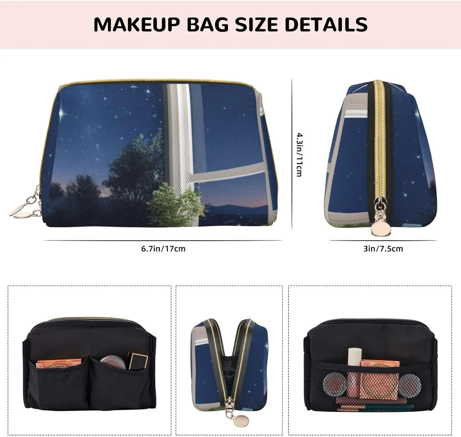 Navy Blue Sky and Stars Printed Small Makeup Bag,Travel Cosmetic Bag Purse with Zipper,Water-resistant Makeup Organizer Bag for Women